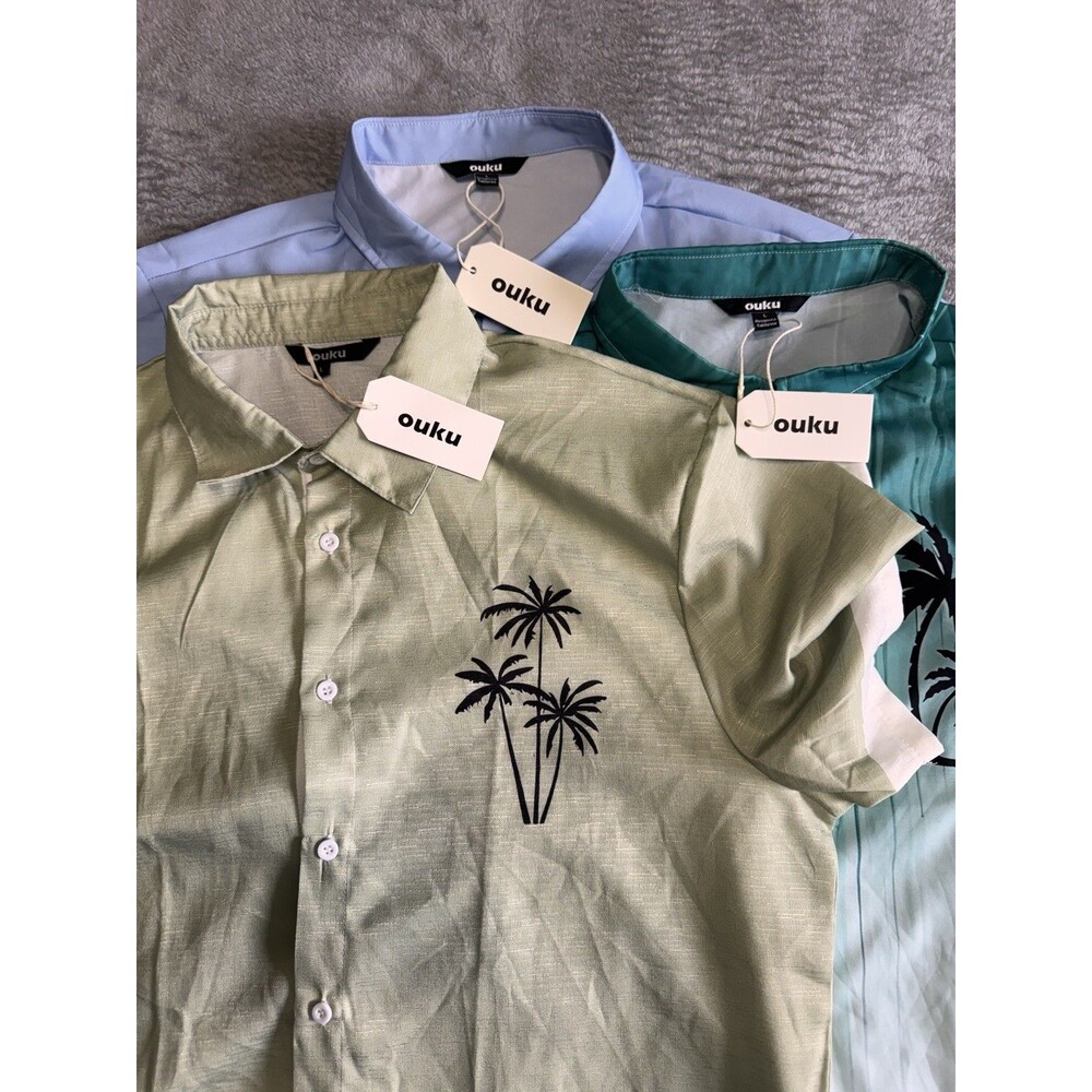 NWT Lot Of 3 OUKU Mens Short Sleeve 100% Cotton Shirts L Pineapples Casual